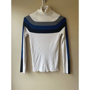 Athleta Wool Blend White with Grey and Blue Striped Turtleneck Sweater Size XS